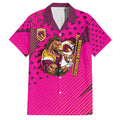 Custom Rugby Broncos Family Matching Off The Shoulder Long Sleeve Dress and Hawaiian Shirt Muscular Horse Mascot With Flag In Pink