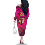 Custom Rugby Broncos Family Matching Off The Shoulder Long Sleeve Dress and Hawaiian Shirt Muscular Horse Mascot With Flag In Pink