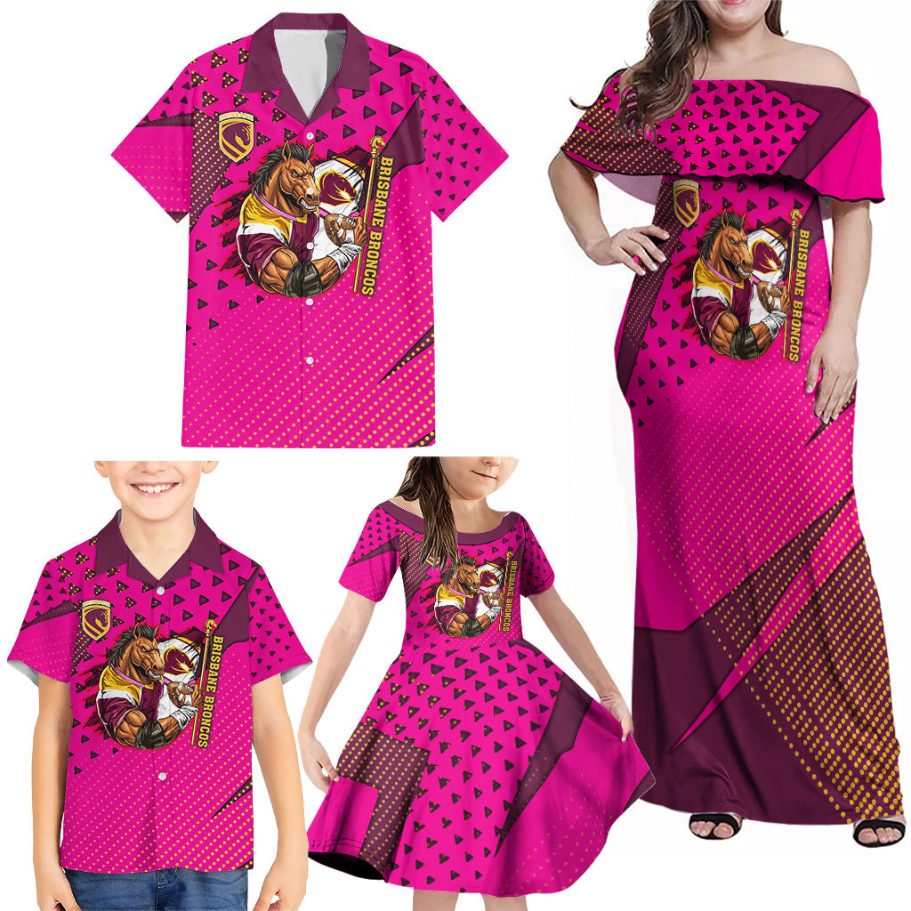 Custom Rugby Broncos Family Matching Off Shoulder Maxi Dress and Hawaiian Shirt Muscular Horse Mascot With Flag In Pink