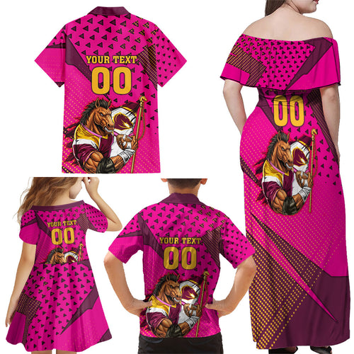 Custom Rugby Broncos Family Matching Off Shoulder Maxi Dress and Hawaiian Shirt Muscular Horse Mascot With Flag In Pink