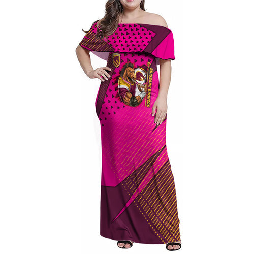 Custom Rugby Broncos Family Matching Off Shoulder Maxi Dress and Hawaiian Shirt Muscular Horse Mascot With Flag In Pink