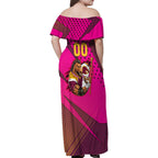 Custom Rugby Broncos Family Matching Off Shoulder Maxi Dress and Hawaiian Shirt Muscular Horse Mascot With Flag In Pink