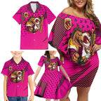 Custom Rugby Broncos Family Matching Off Shoulder Short Dress and Hawaiian Shirt Muscular Horse Mascot With Flag In Pink