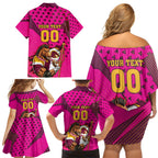Custom Rugby Broncos Family Matching Off Shoulder Short Dress and Hawaiian Shirt Muscular Horse Mascot With Flag In Pink