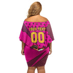 Custom Rugby Broncos Family Matching Off Shoulder Short Dress and Hawaiian Shirt Muscular Horse Mascot With Flag In Pink