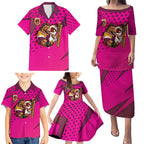 Custom Rugby Broncos Family Matching Puletasi and Hawaiian Shirt Muscular Horse Mascot With Flag In Pink