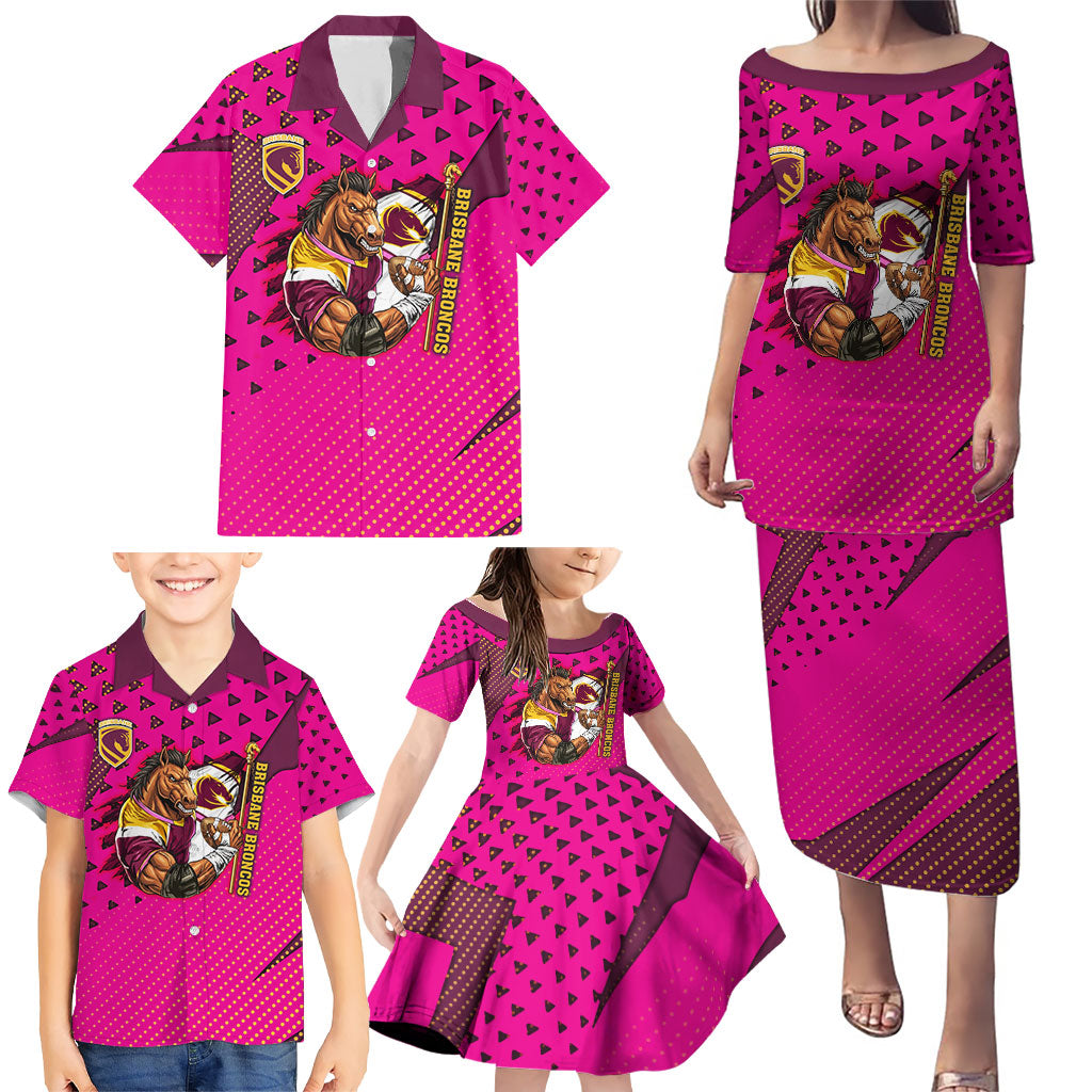 Custom Rugby Broncos Family Matching Puletasi and Hawaiian Shirt Muscular Horse Mascot With Flag In Pink