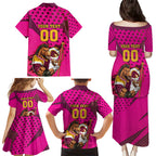 Custom Rugby Broncos Family Matching Puletasi and Hawaiian Shirt Muscular Horse Mascot With Flag In Pink