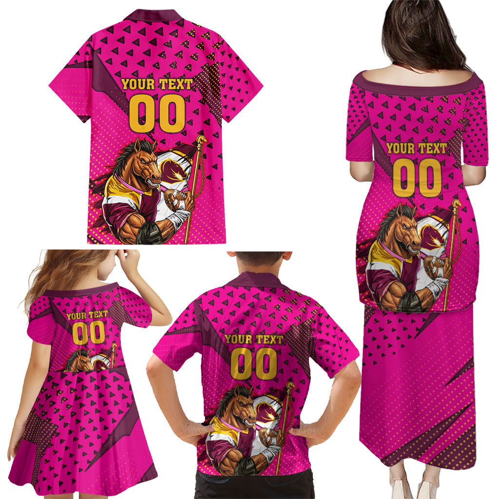 Custom Rugby Broncos Family Matching Puletasi and Hawaiian Shirt Muscular Horse Mascot With Flag In Pink