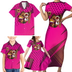 Custom Rugby Broncos Family Matching Short Sleeve Bodycon Dress and Hawaiian Shirt Muscular Horse Mascot With Flag In Pink