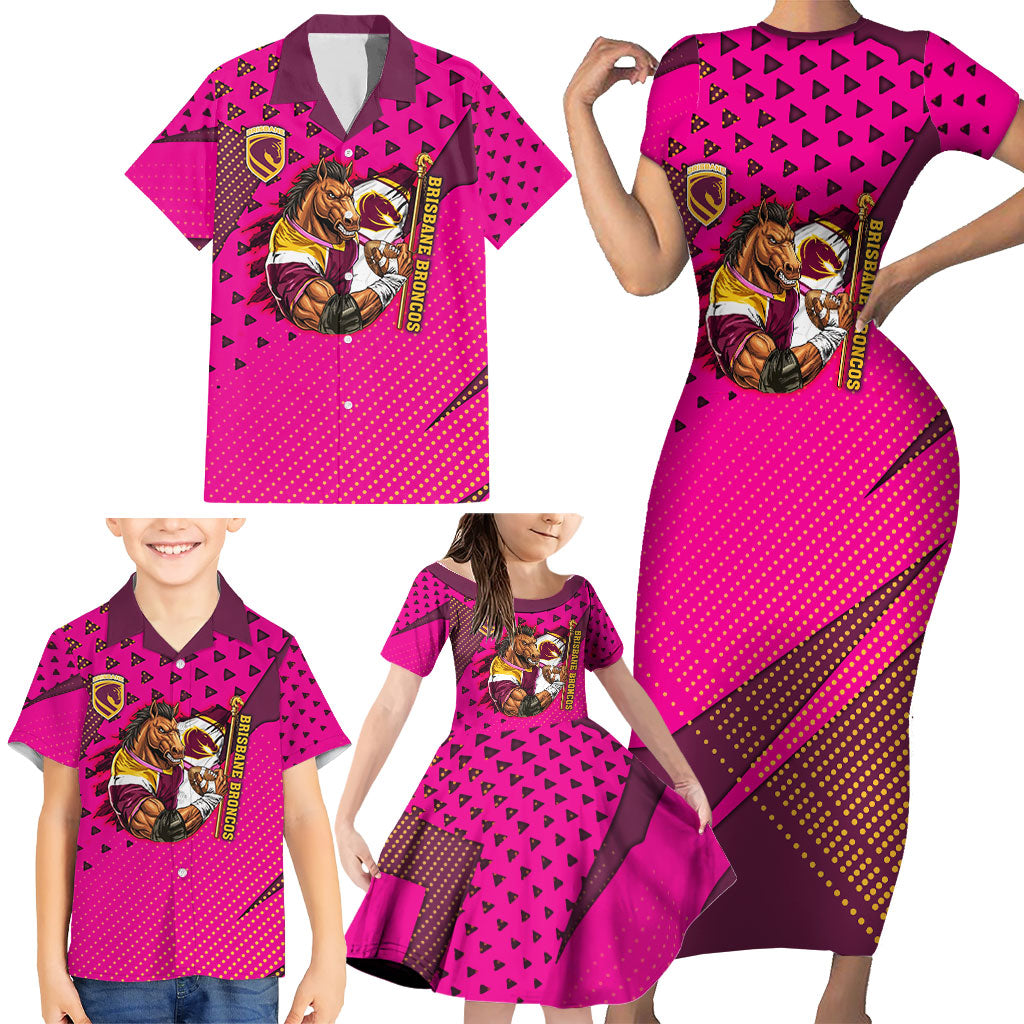 Custom Rugby Broncos Family Matching Short Sleeve Bodycon Dress and Hawaiian Shirt Muscular Horse Mascot With Flag In Pink