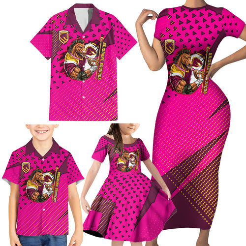 Custom Rugby Broncos Family Matching Short Sleeve Bodycon Dress and Hawaiian Shirt Muscular Horse Mascot With Flag In Pink