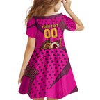 Custom Rugby Broncos Family Matching Short Sleeve Bodycon Dress and Hawaiian Shirt Muscular Horse Mascot With Flag In Pink