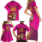 Custom Rugby Broncos Family Matching Short Sleeve Bodycon Dress and Hawaiian Shirt Muscular Horse Mascot With Flag In Pink