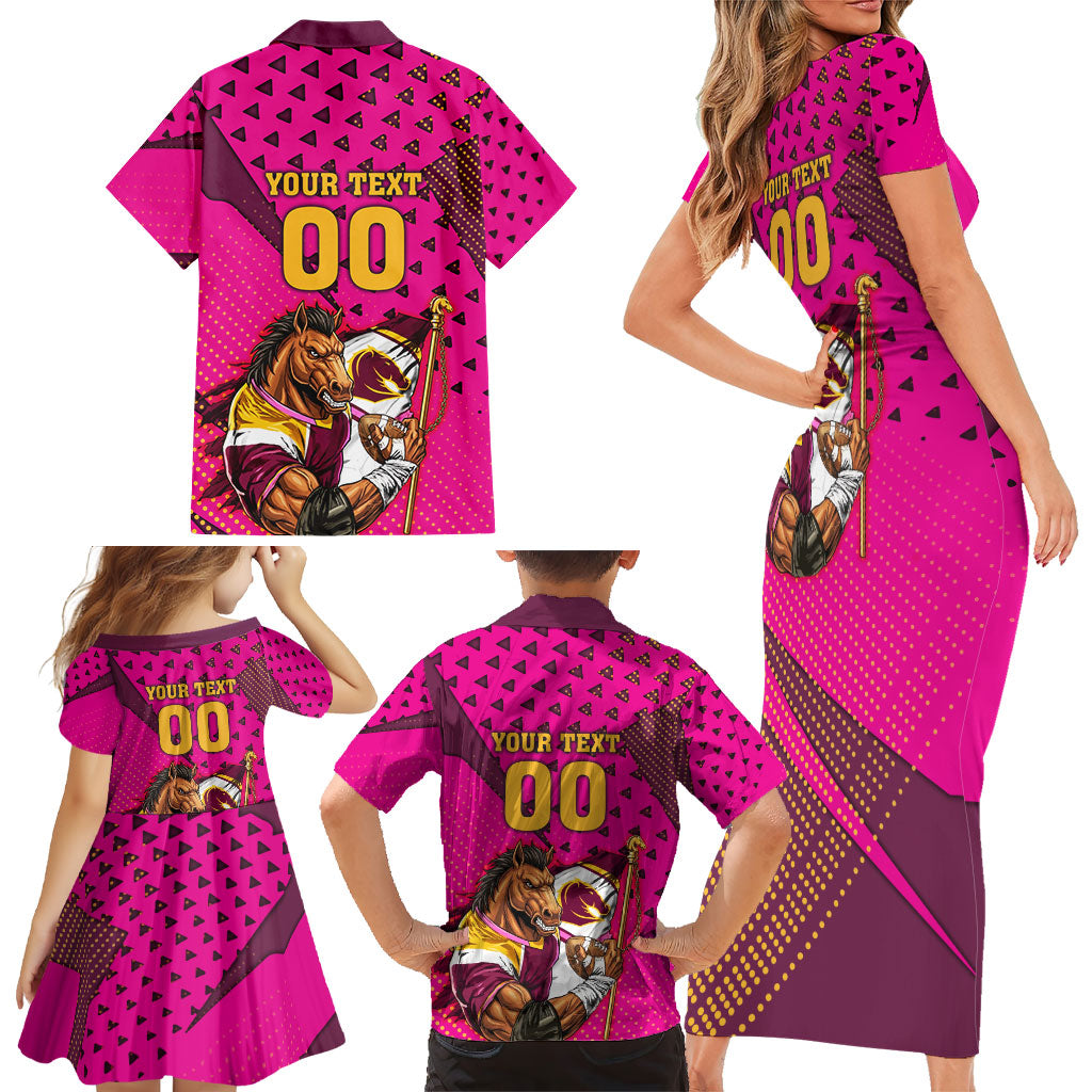 Custom Rugby Broncos Family Matching Short Sleeve Bodycon Dress and Hawaiian Shirt Muscular Horse Mascot With Flag In Pink