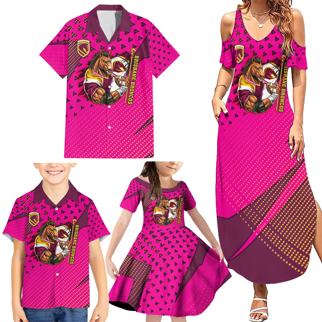 Custom Rugby Broncos Family Matching Summer Maxi Dress and Hawaiian Shirt Muscular Horse Mascot With Flag In Pink