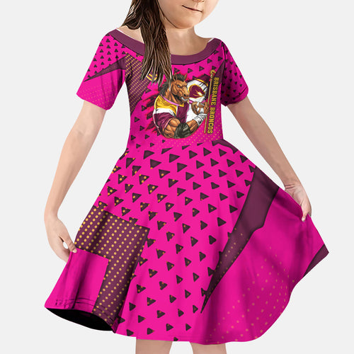Custom Rugby Broncos Family Matching Summer Maxi Dress and Hawaiian Shirt Muscular Horse Mascot With Flag In Pink