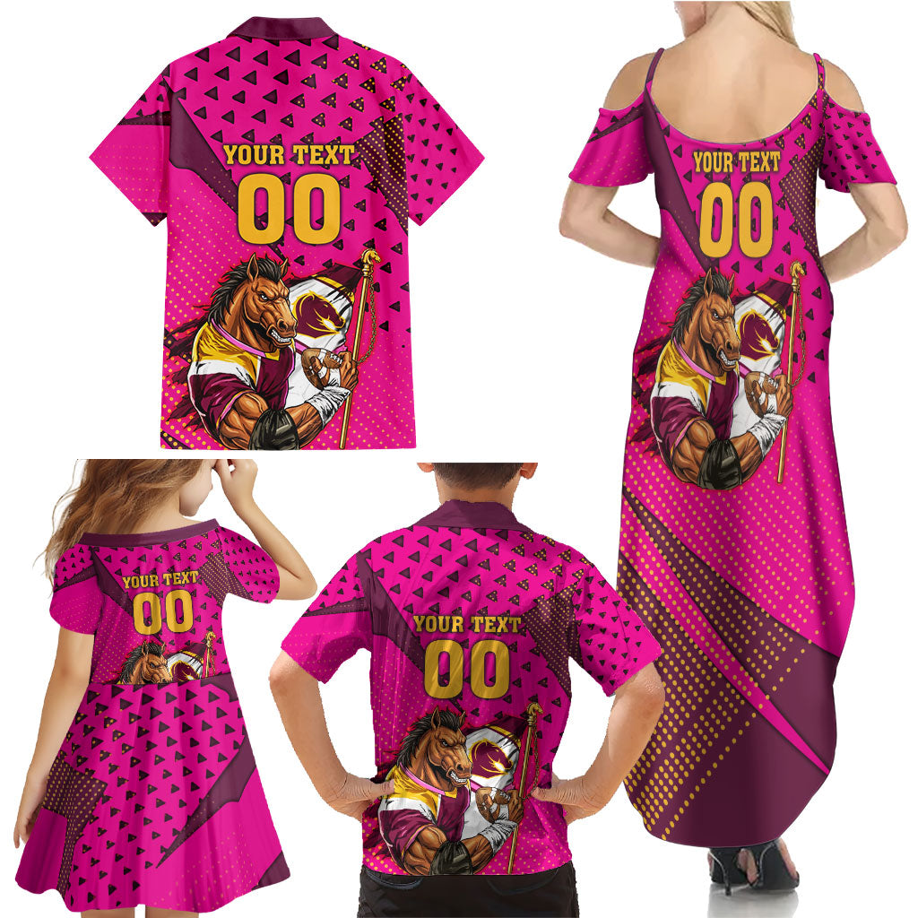 Custom Rugby Broncos Family Matching Summer Maxi Dress and Hawaiian Shirt Muscular Horse Mascot With Flag In Pink