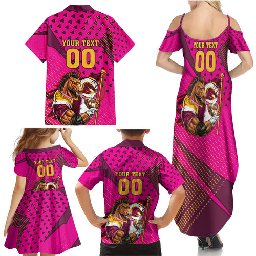 Custom Rugby Broncos Family Matching Summer Maxi Dress and Hawaiian Shirt Muscular Horse Mascot With Flag In Pink
