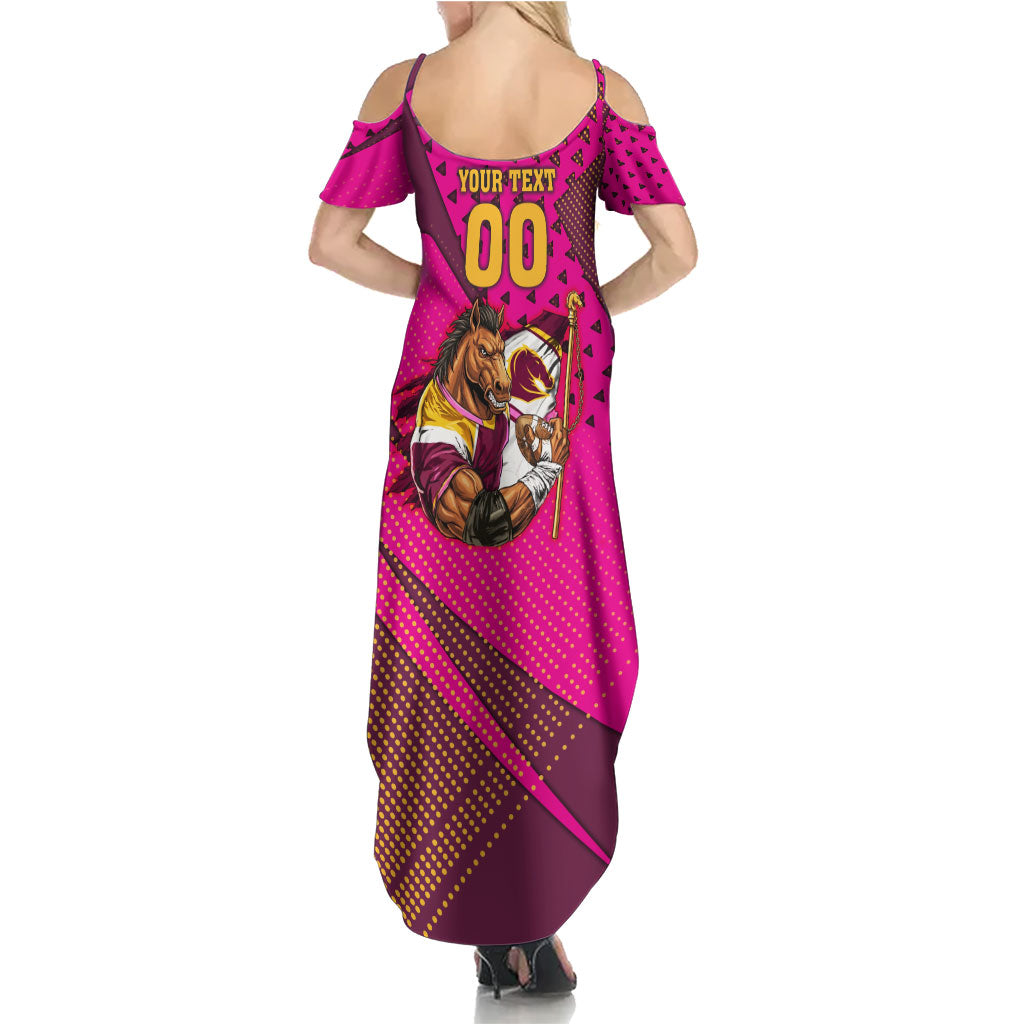 Custom Rugby Broncos Family Matching Summer Maxi Dress and Hawaiian Shirt Muscular Horse Mascot With Flag In Pink