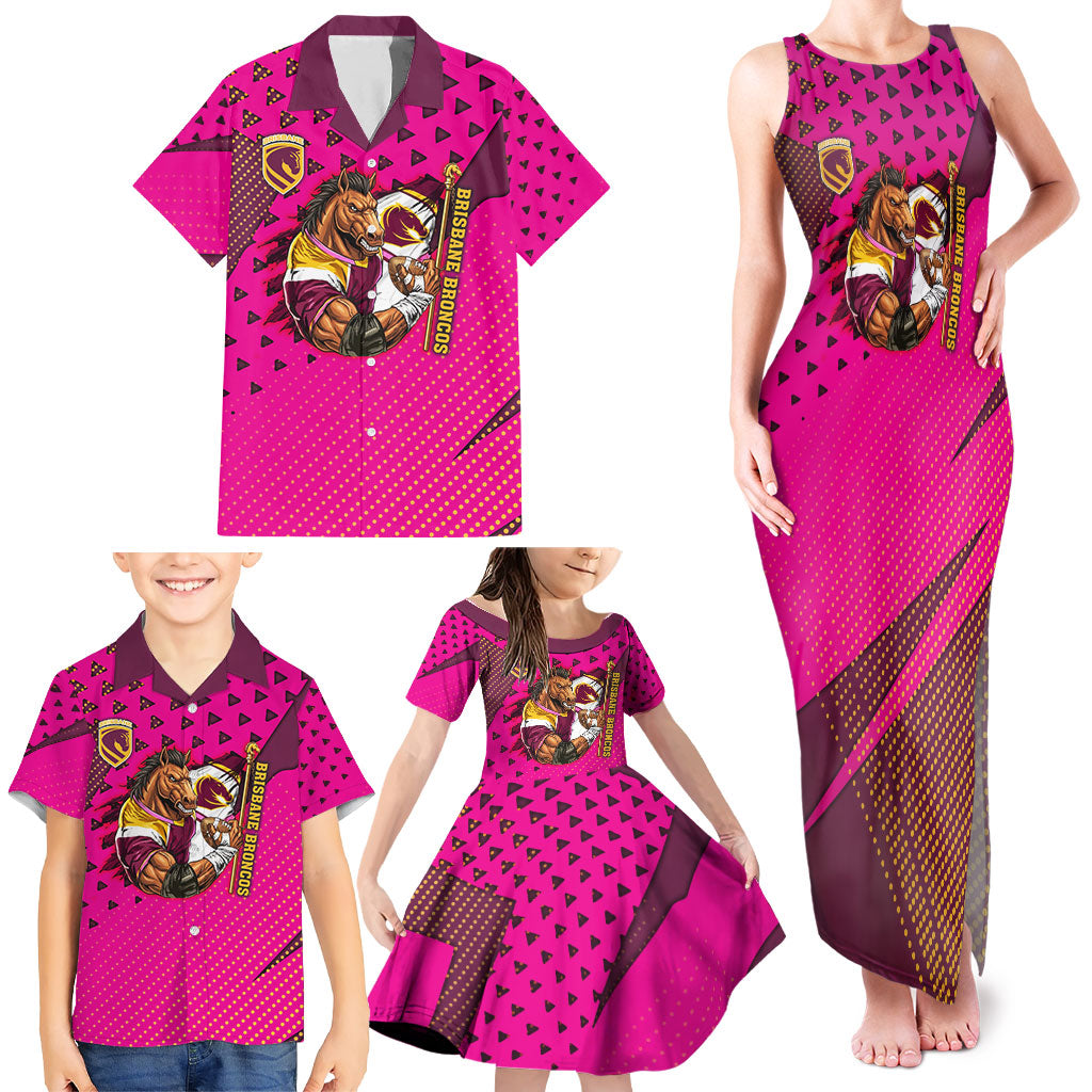 Custom Rugby Broncos Family Matching Tank Maxi Dress and Hawaiian Shirt Muscular Horse Mascot With Flag In Pink