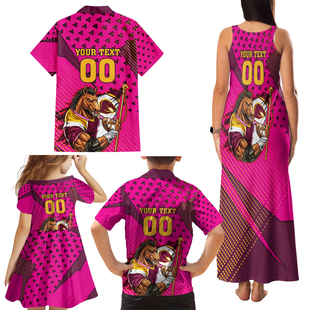 Custom Rugby Broncos Family Matching Tank Maxi Dress and Hawaiian Shirt Muscular Horse Mascot With Flag In Pink