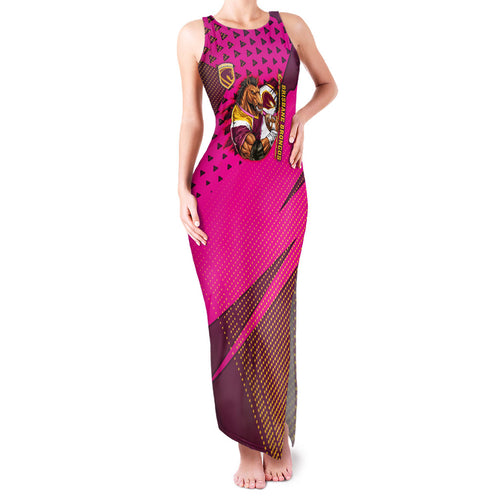Custom Rugby Broncos Family Matching Tank Maxi Dress and Hawaiian Shirt Muscular Horse Mascot With Flag In Pink