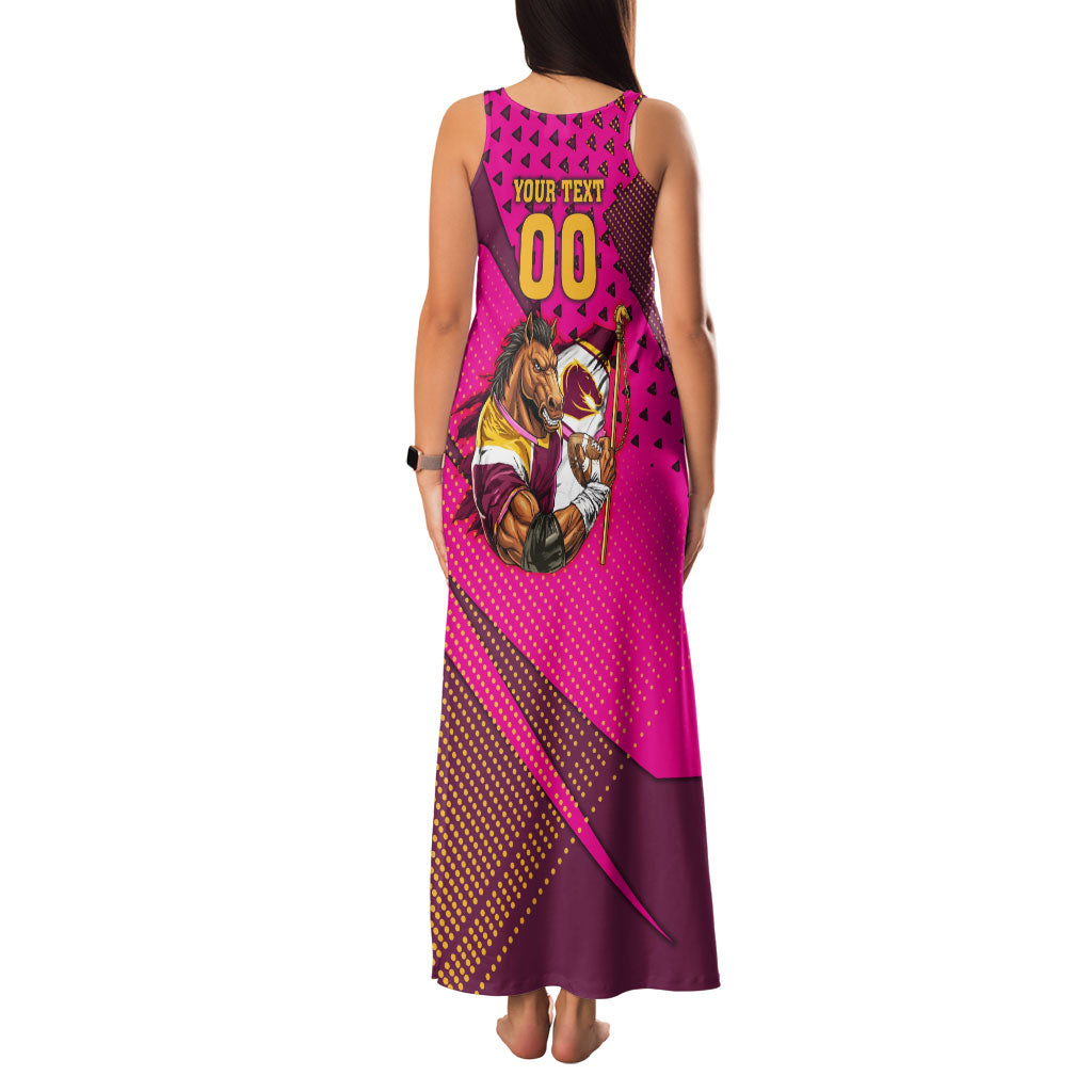 Custom Rugby Broncos Family Matching Tank Maxi Dress and Hawaiian Shirt Muscular Horse Mascot With Flag In Pink