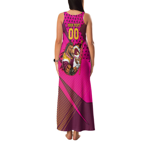 Custom Rugby Broncos Family Matching Tank Maxi Dress and Hawaiian Shirt Muscular Horse Mascot With Flag In Pink