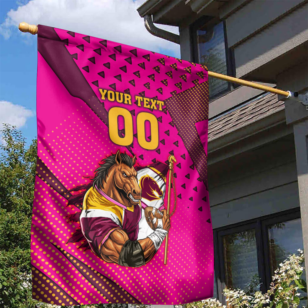 Custom Rugby Broncos Garden Flag Muscular Horse Mascot With Flag In Pink