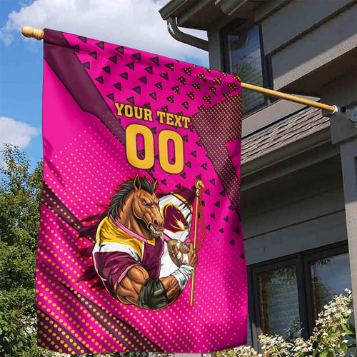 Custom Rugby Broncos Garden Flag Muscular Horse Mascot With Flag In Pink