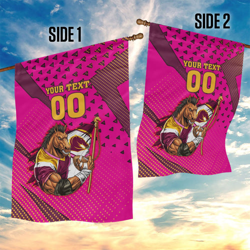 Custom Rugby Broncos Garden Flag Muscular Horse Mascot With Flag In Pink