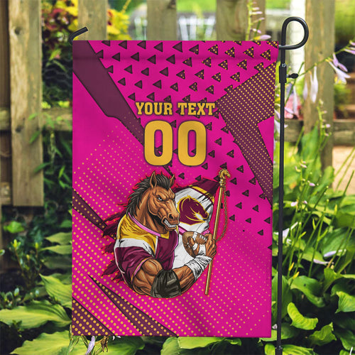 Custom Rugby Broncos Garden Flag Muscular Horse Mascot With Flag In Pink