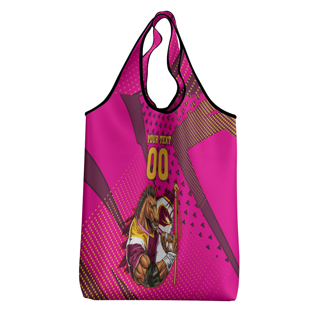 Custom Rugby Broncos Grocery Bag Muscular Horse Mascot With Flag In Pink
