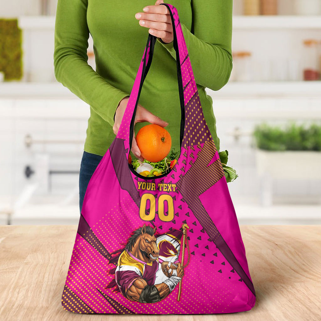 Custom Rugby Broncos Grocery Bag Muscular Horse Mascot With Flag In Pink