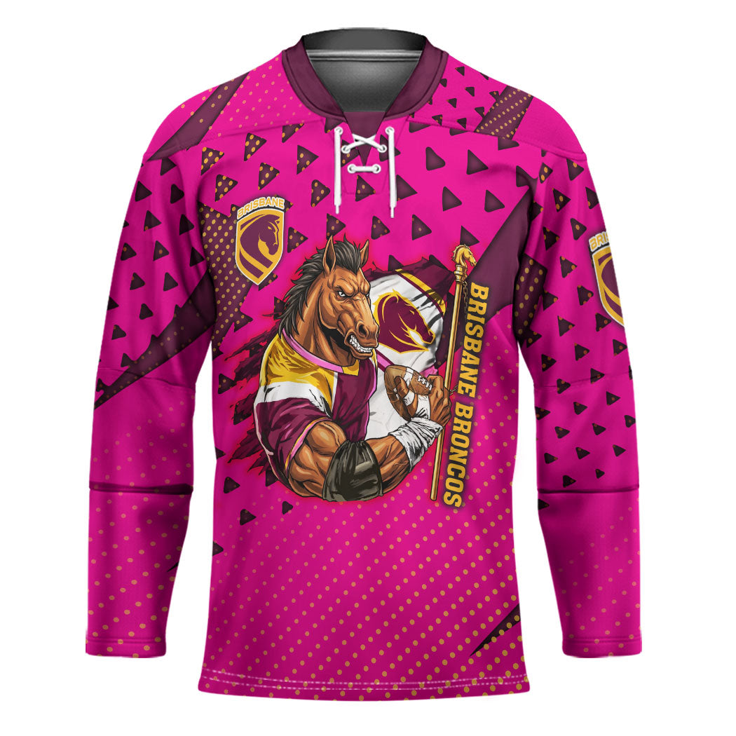 Custom Rugby Broncos Hockey Jersey Muscular Horse Mascot With Flag In Pink