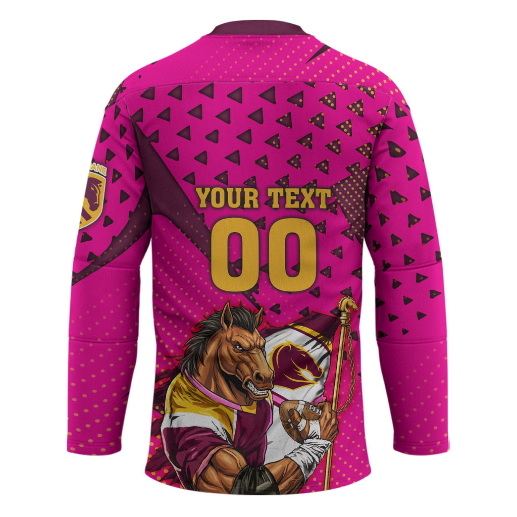 Custom Rugby Broncos Hockey Jersey Muscular Horse Mascot With Flag In Pink