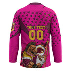 Custom Rugby Broncos Hockey Jersey Muscular Horse Mascot With Flag In Pink