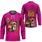 Custom Rugby Broncos Hockey Jersey Muscular Horse Mascot With Flag In Pink