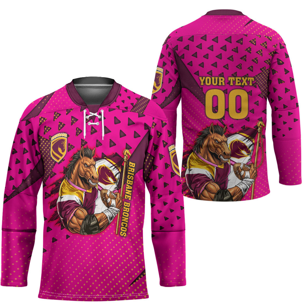 Custom Rugby Broncos Hockey Jersey Muscular Horse Mascot With Flag In Pink