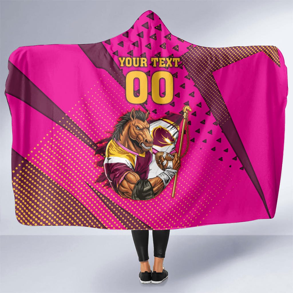 Custom Rugby Broncos Hooded Blanket Muscular Horse Mascot With Flag In Pink
