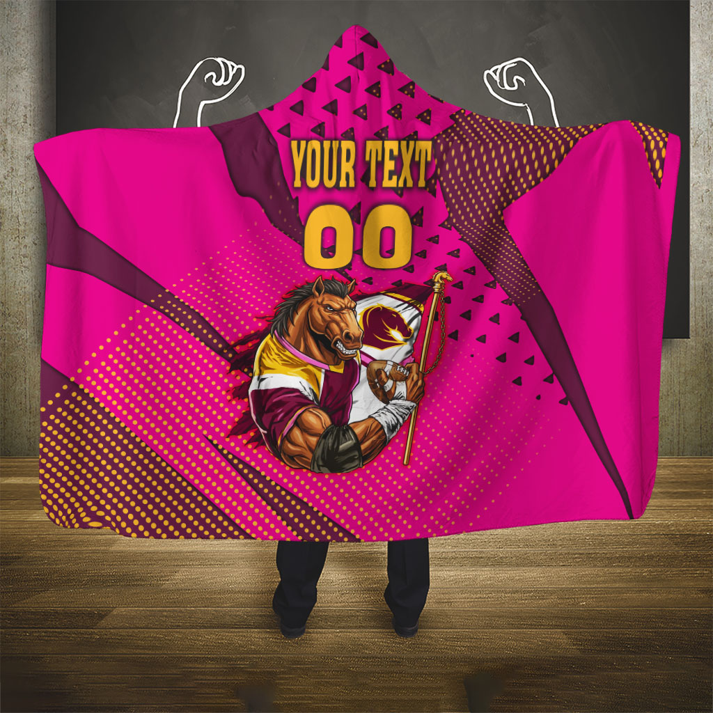 Custom Rugby Broncos Hooded Blanket Muscular Horse Mascot With Flag In Pink