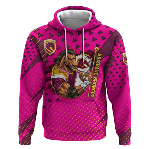 Custom Rugby Broncos Hoodie Muscular Horse Mascot With Flag In Pink