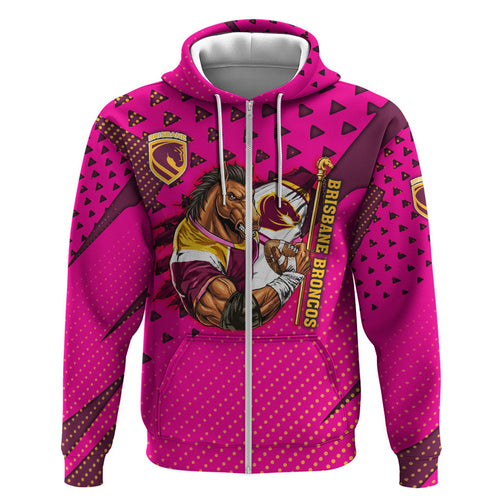 Custom Rugby Broncos Hoodie Muscular Horse Mascot With Flag In Pink