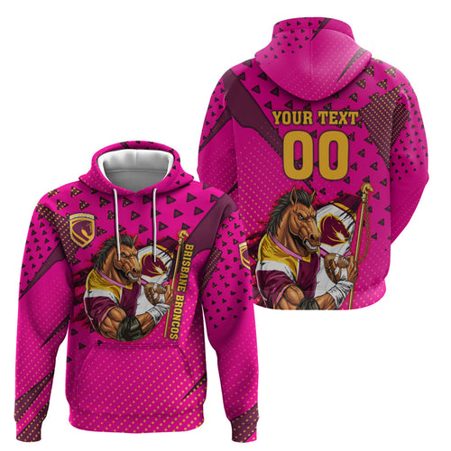 Custom Rugby Broncos Hoodie Muscular Horse Mascot With Flag In Pink