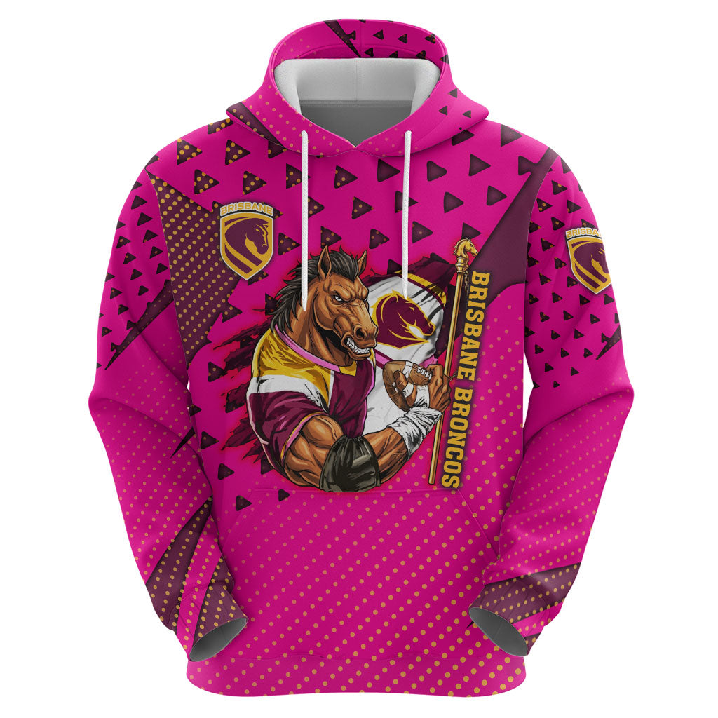 Custom Rugby Broncos Hoodie Muscular Horse Mascot With Flag In Pink