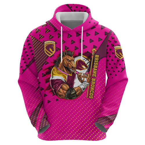 Custom Rugby Broncos Hoodie Muscular Horse Mascot With Flag In Pink