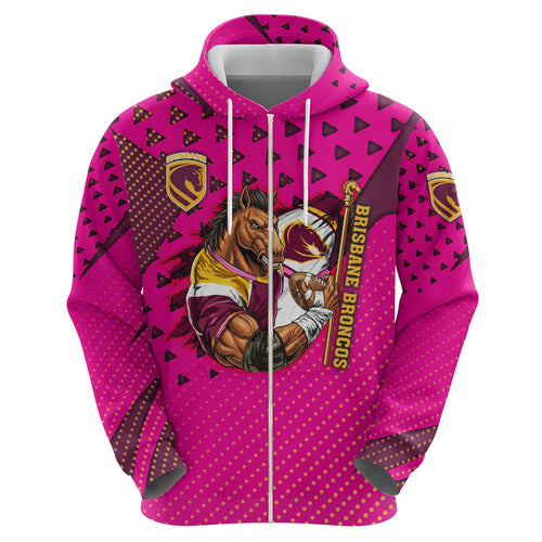 Custom Rugby Broncos Hoodie Muscular Horse Mascot With Flag In Pink