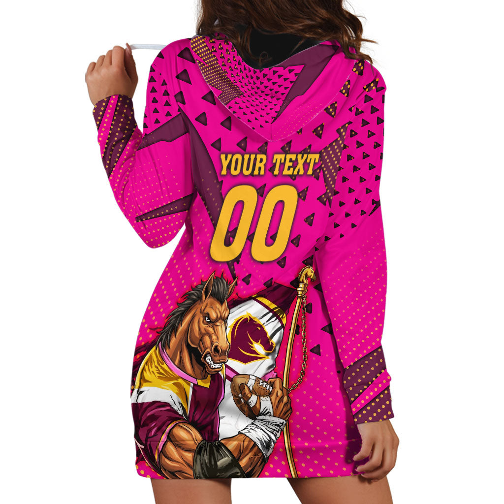 Custom Rugby Broncos Hoodie Dress Muscular Horse Mascot With Flag In Pink