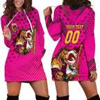 Custom Rugby Broncos Hoodie Dress Muscular Horse Mascot With Flag In Pink